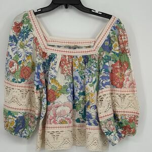 Christian Siriano Blouse Womens Small Cropped Crochet Floral Linen Blend Boho